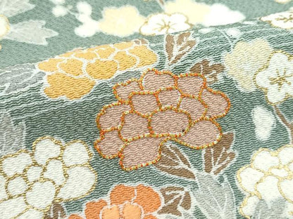 平和屋本店●極上　訪問着・長襦袢セット　駒刺繍　草花風景文　金彩　鬼しぼ縮緬　青白橡色地　逸品　未使用　CZAA5244s6