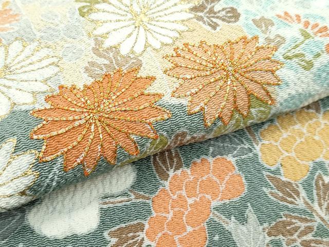 平和屋本店●極上　訪問着・長襦袢セット　駒刺繍　草花風景文　金彩　鬼しぼ縮緬　青白橡色地　逸品　未使用　CZAA5244s6