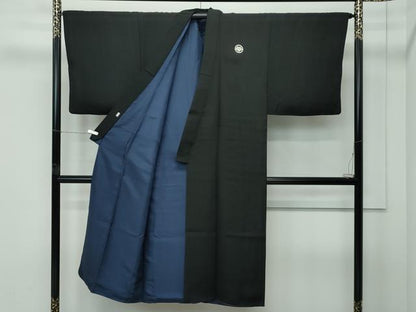 平和屋着物●極上　男性　黒紋付　羽織セット　京染　羽裏：風景文　反端付き　逸品　CZAA5245s6