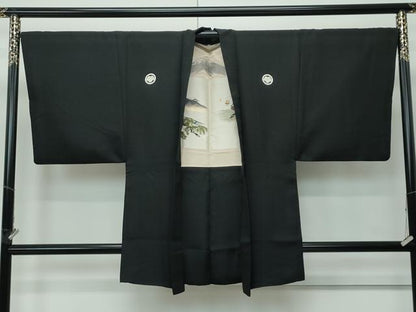 平和屋着物●極上　男性　黒紋付　羽織セット　京染　羽裏：風景文　反端付き　逸品　CZAA5245s6