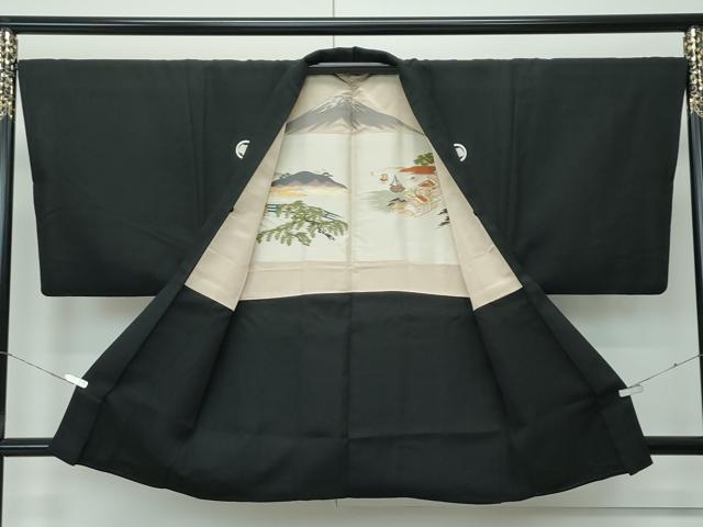 平和屋着物●極上　男性　黒紋付　羽織セット　京染　羽裏：風景文　反端付き　逸品　CZAA5245s6