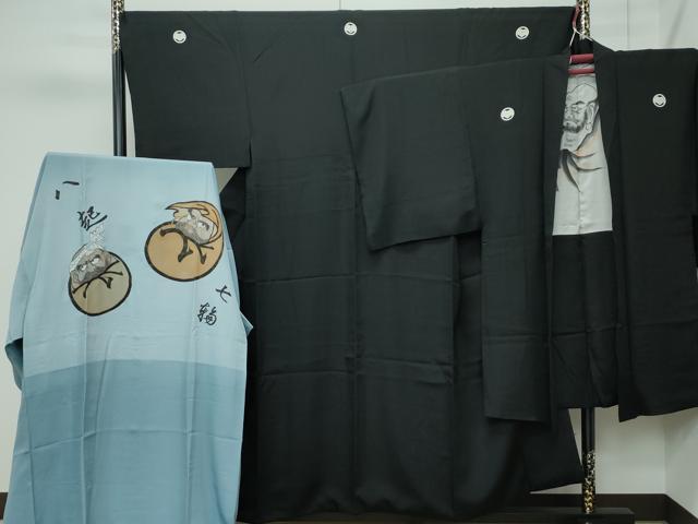 平和屋本店●極上　男性　黒紋付　羽織・長襦袢セット　羽裏：人物文　近鉄扱い　逸品　CZAA5246s6