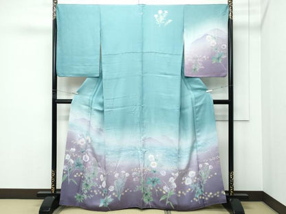 平和屋着物●極上　訪問着　刺繍　草花文　暈し染め　青磁色地　逸品　CZAA5276s6