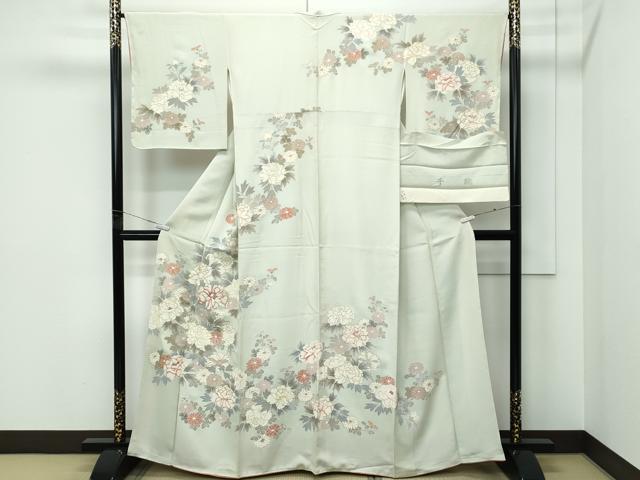平和屋本店●極上　創業460年・千總　訪問着　刺繍　菊　牡丹　金彩　若葉色地　反端付き　逸品　未使用　CZAA5277s6