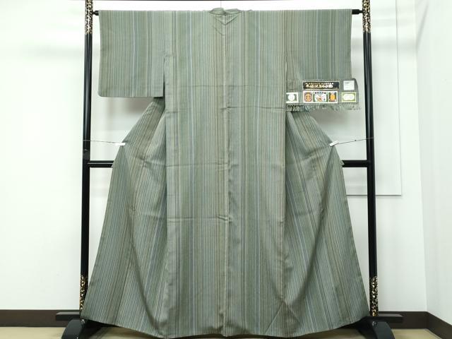 平和屋着物●極上　本塩沢　やまだ織　200色　縞　原沢サダ作　証紙付き　逸品　CZAA5309s6