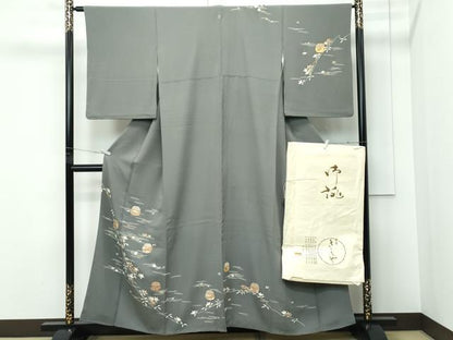 平和屋着物●極上　銀座きしや　訪問着　吹寄せ文　金彩　藍媚茶色地　たとう紙付き　逸品　CZAA5310s6