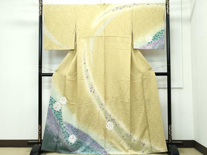 平和屋着物●極上　訪問着　絞り　草花七宝文　暈し染め　金通し地　木蘭色地　逸品　CZAA5313s6