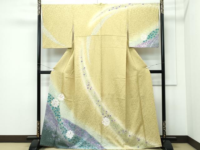 平和屋着物●極上　訪問着　絞り　草花七宝文　暈し染め　金通し地　木蘭色地　逸品　CZAA5313s6