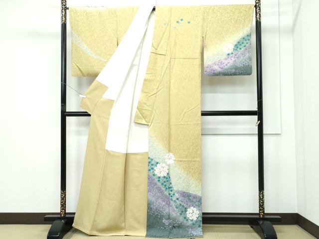 平和屋着物●極上　訪問着　絞り　草花七宝文　暈し染め　金通し地　木蘭色地　逸品　CZAA5313s6