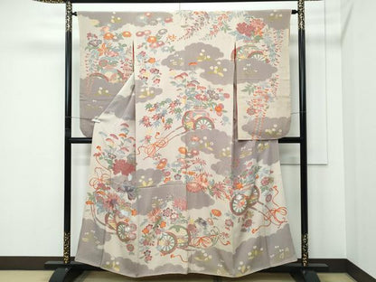 平和屋本店●極上　アンティーク　大正ロマン　振袖　駒刺繍　雲取り花車文　逸品　CZAA5330s6
