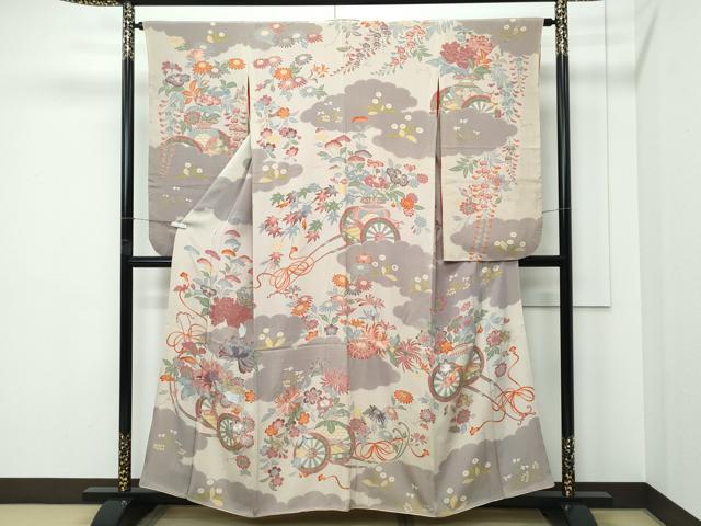 平和屋本店●極上　アンティーク　大正ロマン　振袖　駒刺繍　雲取り花車文　逸品　CZAA5330s6