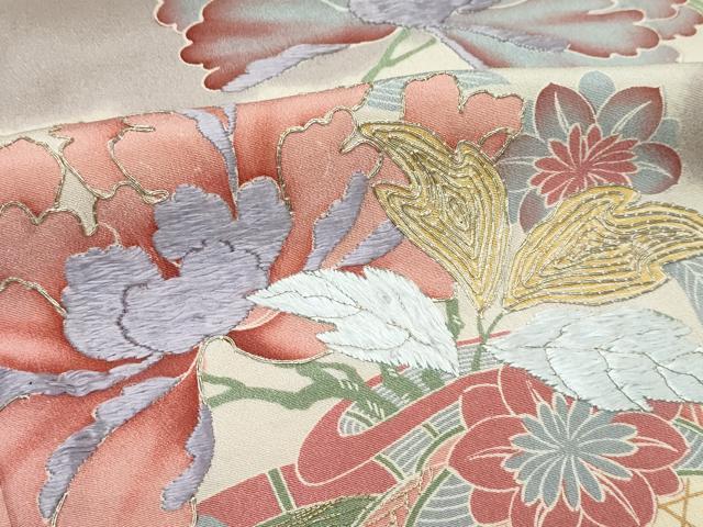 平和屋本店●極上　アンティーク　大正ロマン　振袖　駒刺繍　雲取り花車文　逸品　CZAA5330s6