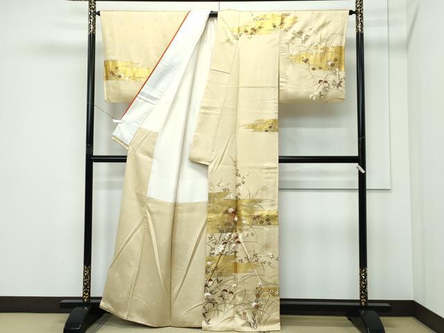 平和屋着物●極上　訪問着　駒刺繍　霞草花文　金彩　ブロンド色地　鈴乃屋扱い　逸品　CZAA5333s6