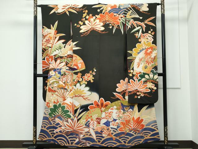 平和屋本店●極上　アンティーク　大正ロマン　振袖　駒刺繍　松竹梅扇面吉祥文　暈し染め　黒地　金彩　逸品　CZAA5339s6