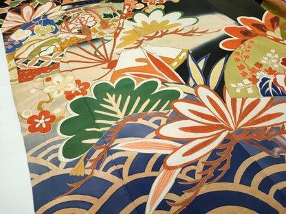 平和屋本店●極上　アンティーク　大正ロマン　振袖　駒刺繍　松竹梅扇面吉祥文　暈し染め　黒地　金彩　逸品　CZAA5339s6