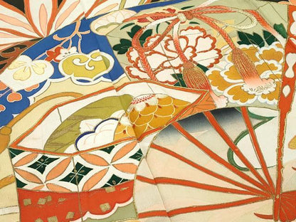 平和屋本店●極上　アンティーク　大正ロマン　振袖　駒刺繍　松竹梅扇面吉祥文　暈し染め　黒地　金彩　逸品　CZAA5339s6