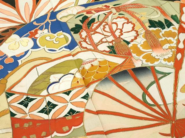 平和屋本店●極上　アンティーク　大正ロマン　振袖　駒刺繍　松竹梅扇面吉祥文　暈し染め　黒地　金彩　逸品　CZAA5339s6