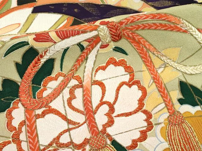 平和屋本店●極上　アンティーク　大正ロマン　振袖　駒刺繍　松竹梅扇面吉祥文　暈し染め　黒地　金彩　逸品　CZAA5339s6