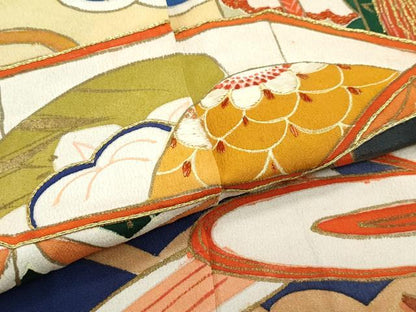 平和屋本店●極上　アンティーク　大正ロマン　振袖　駒刺繍　松竹梅扇面吉祥文　暈し染め　黒地　金彩　逸品　CZAA5339s6