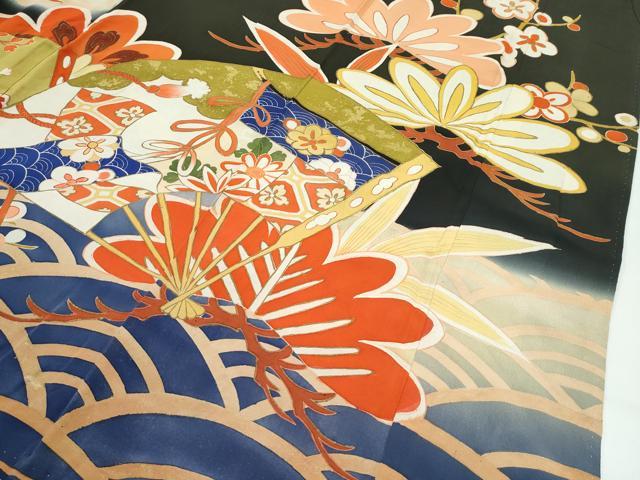 平和屋本店●極上　アンティーク　大正ロマン　振袖　駒刺繍　松竹梅扇面吉祥文　暈し染め　黒地　金彩　逸品　CZAA5339s6