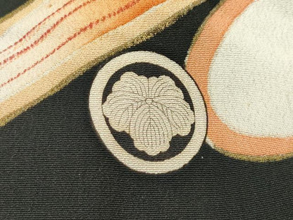 平和屋本店●極上　アンティーク　大正ロマン　振袖　駒刺繍　松竹梅扇面吉祥文　暈し染め　黒地　金彩　逸品　CZAA5339s6