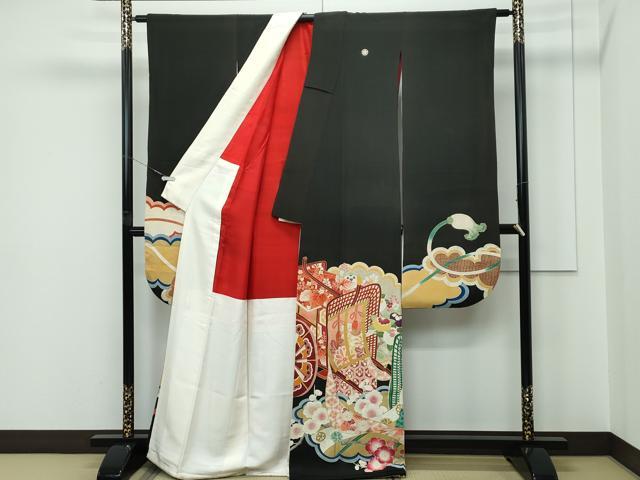 平和屋本店●極上　アンティーク　大正ロマン　振袖　雲取り御所車草花文　黒地　金彩　逸品　CZAA5340s6