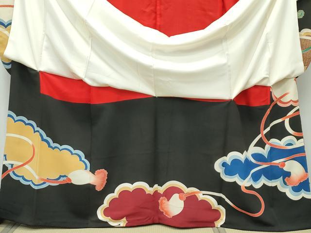 平和屋本店●極上　アンティーク　大正ロマン　振袖　雲取り御所車草花文　黒地　金彩　逸品　CZAA5340s6