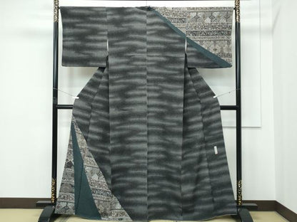 平和屋着物●極上　訪問着　江戸小紋　作家物　一尾欧樹彫り　大小あられ　更紗花文　伊勢型紙　黒地　金彩　逸品　CZAA5344s6