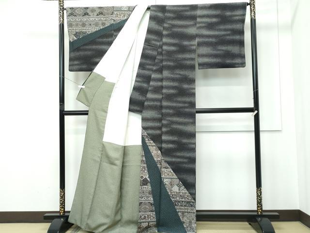 平和屋着物●極上　訪問着　江戸小紋　作家物　一尾欧樹彫り　大小あられ　更紗花文　伊勢型紙　黒地　金彩　逸品　CZAA5344s6