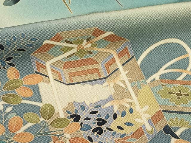 平和屋着物●極上　十日町　加賀草木友禅の第一人者　田村哲彦　訪問着　草花文　暈し染め　木賊色地　逸品　CZAA5346s6