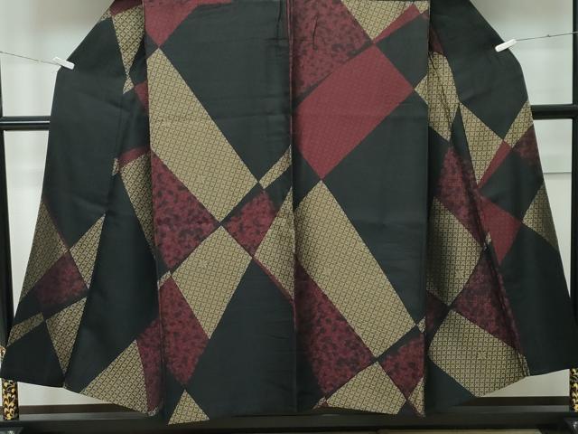 平和屋本店▽極上　男性　お召　単衣　切嵌吉祥文　黒地　さが美扱い　逸品　CZAA5796s6