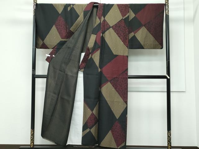 平和屋本店▽極上　男性　お召　単衣　切嵌吉祥文　黒地　さが美扱い　逸品　CZAA5796s6