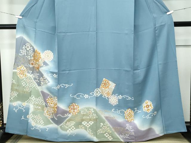 平和屋着物▽極上 訪問着 単衣 駒刺繍 正倉院花唐草文 暈し染め 金彩 湊鼠色地 逸品 CZAA5356s6