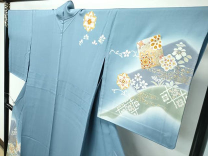 平和屋着物▽極上 訪問着 単衣 駒刺繍 正倉院花唐草文 暈し染め 金彩 湊鼠色地 逸品 CZAA5356s6