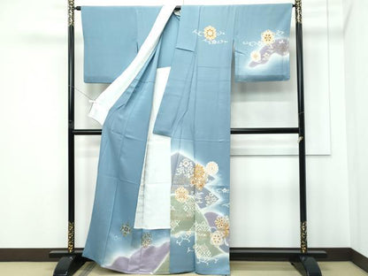 平和屋着物▽極上 訪問着 単衣 駒刺繍 正倉院花唐草文 暈し染め 金彩 湊鼠色地 逸品 CZAA5356s6