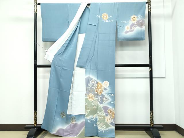 平和屋着物▽極上 訪問着 単衣 駒刺繍 正倉院花唐草文 暈し染め 金彩 湊鼠色地 逸品 CZAA5356s6
