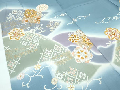 平和屋着物▽極上 訪問着 単衣 駒刺繍 正倉院花唐草文 暈し染め 金彩 湊鼠色地 逸品 CZAA5356s6