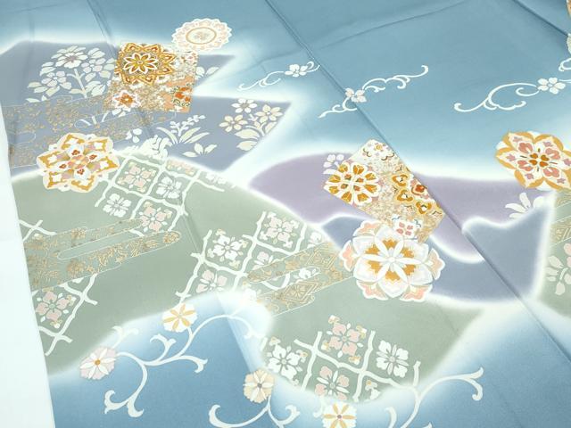 平和屋着物▽極上 訪問着 単衣 駒刺繍 正倉院花唐草文 暈し染め 金彩 湊鼠色地 逸品 CZAA5356s6