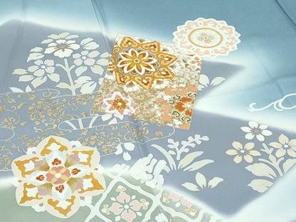 平和屋着物▽極上 訪問着 単衣 駒刺繍 正倉院花唐草文 暈し染め 金彩 湊鼠色地 逸品 CZAA5356s6