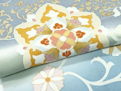 平和屋着物▽極上 訪問着 単衣 駒刺繍 正倉院花唐草文 暈し染め 金彩 湊鼠色地 逸品 CZAA5356s6