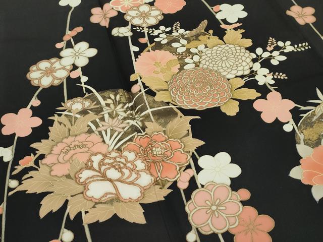 平和屋着物●極上　訪問着　駒刺繍　枝垂れ梅草花文　黒地　金彩　逸品　CZAA5357s6