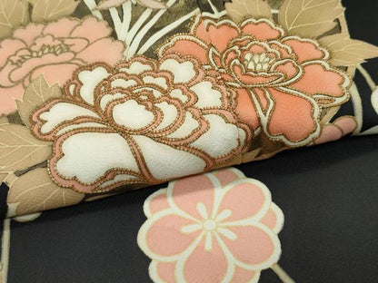 平和屋着物●極上　訪問着　駒刺繍　枝垂れ梅草花文　黒地　金彩　逸品　CZAA5357s6
