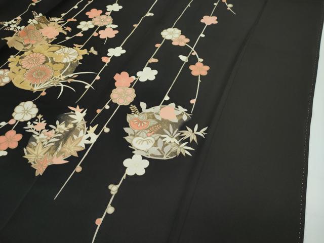 平和屋着物●極上　訪問着　駒刺繍　枝垂れ梅草花文　黒地　金彩　逸品　CZAA5357s6