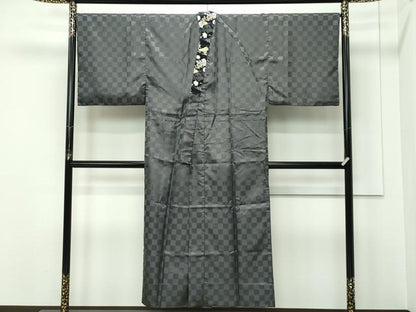 平和屋着物●極上　男性　お召・長襦袢セット　千鳥格子　花唐草地紋　さが美扱い　逸品　CZAA5363s6
