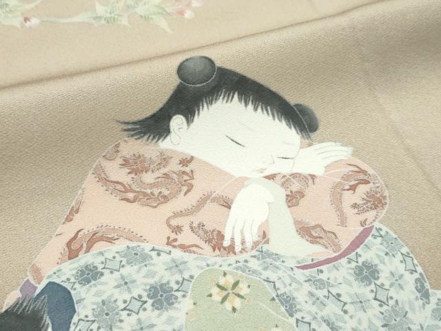 平和屋本店▽極上　加賀友禅の巨匠　初代　由水十久　訪問着　単衣　童子　枝花文　暈し染め　榛色地　逸品　CZAA5372s6
