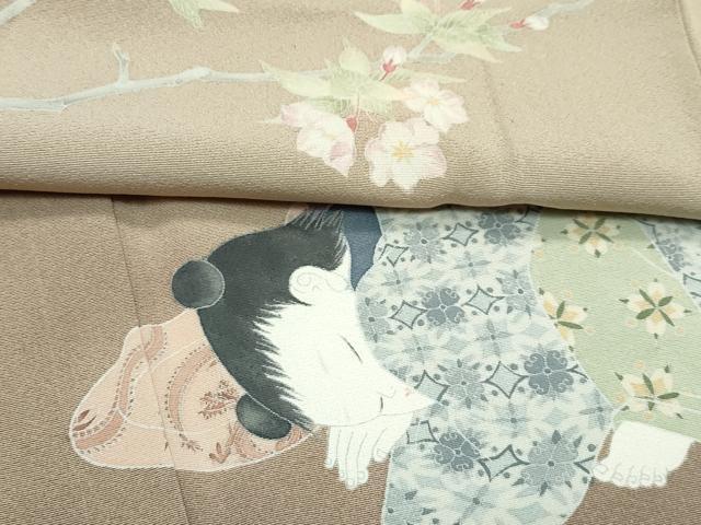 平和屋本店▽極上　加賀友禅の巨匠　初代　由水十久　訪問着　単衣　童子　枝花文　暈し染め　榛色地　逸品　CZAA5372s6