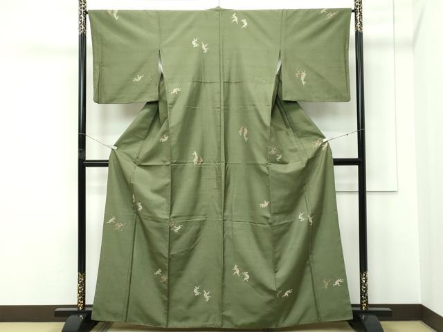 平和屋着物●極上　京の名門・菱屋六右ェ門　紬　鳥獣戯画　海松色地　逸品　CZAA5386s6