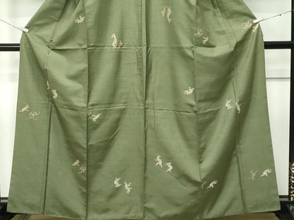 平和屋着物●極上　京の名門・菱屋六右ェ門　紬　鳥獣戯画　海松色地　逸品　CZAA5386s6
