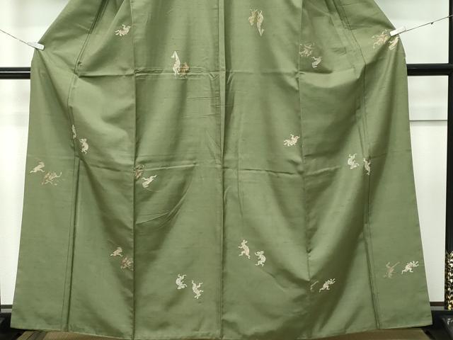 平和屋着物●極上　京の名門・菱屋六右ェ門　紬　鳥獣戯画　海松色地　逸品　CZAA5386s6