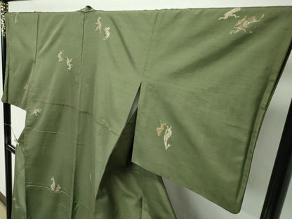 平和屋着物●極上　京の名門・菱屋六右ェ門　紬　鳥獣戯画　海松色地　逸品　CZAA5386s6